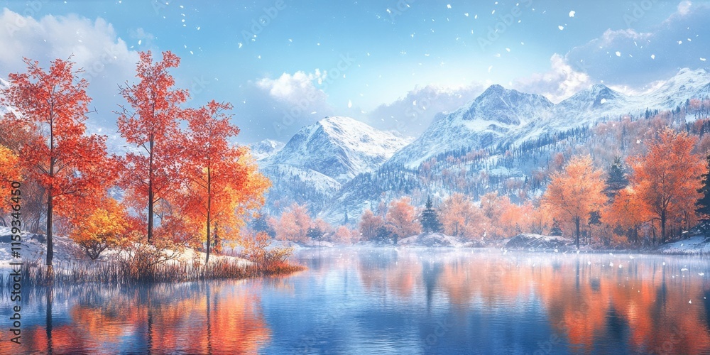 Autumn trees with bright orange leaves surround a calm lake, where their reflections shimmer. Snow-covered mountains rise against a clear, blue sky. Generative AI Autumn trees with bright orange leaves surround a calm lake, where their reflections shimmer. Snow-covered mountains rise against a clear, blue sky. Generative AI