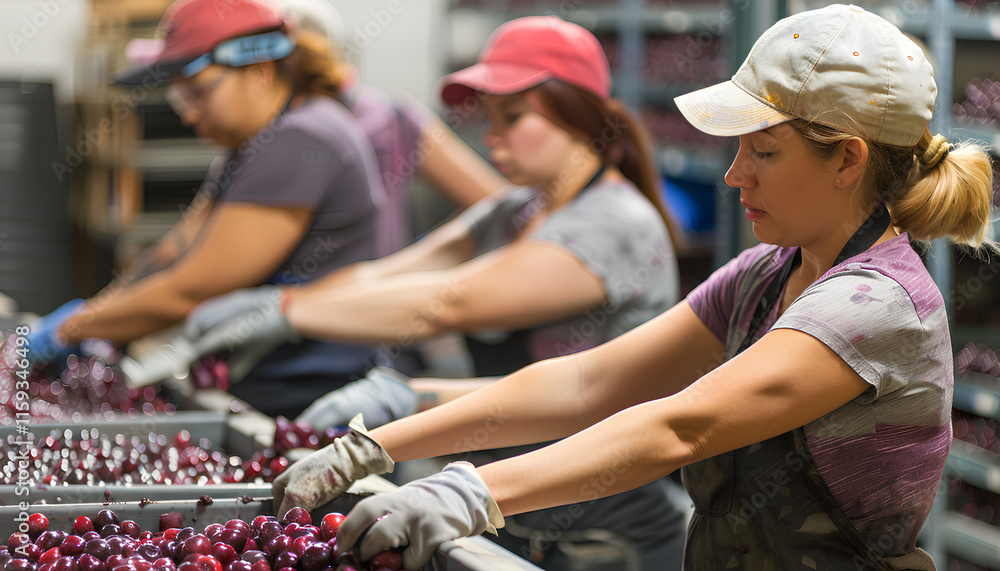 Group of female workers sorting cherry in warehouse Group of female workers sorting cherry in warehouse