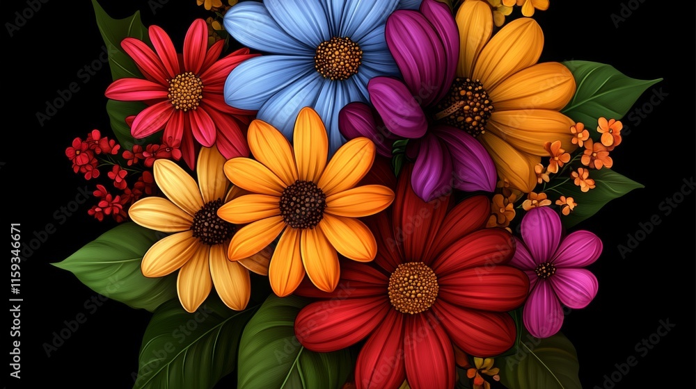 A stunning bouquet of multicolored flowers with vibrant petals and lush green leaves, creating an enchanting display of nature’s beauty and artistic elegance. A stunning bouquet of multicolored flowers with vibrant petals and lush green leaves, creating an enchanting display of nature’s beauty and artistic elegance.