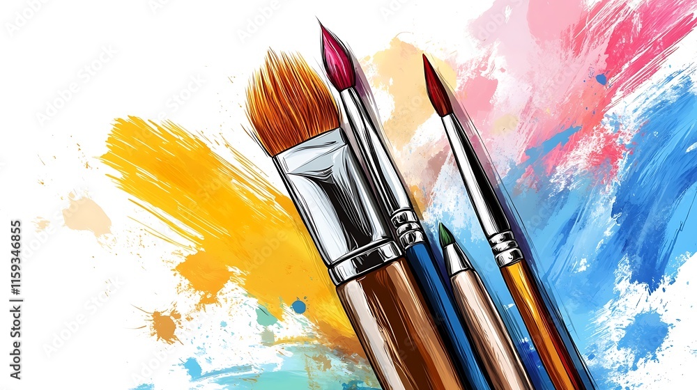 Obraz premium A collection of paintbrushes over colorful splashes, symbolizing creativity and art.