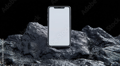 Innovative smartphone display on rocky surface dark background technology photography modern concept