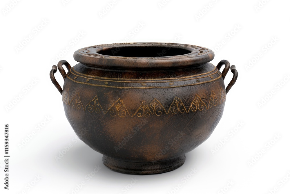 Large brown vase with a gold border sits on a white background. The vase is ornate and has a rustic feel to it Large brown vase with a gold border sits on a white background. The vase is ornate and has a rustic feel to it