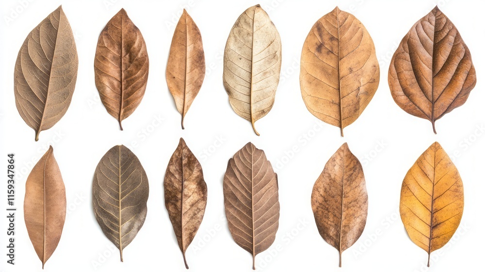 Collection of twelve dried, brown leaves on a white background. Collection of twelve dried, brown leaves on a white background.