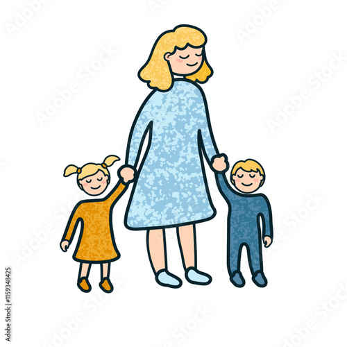 Vector Colorful Cartoon Illustration of a Woman with a Children Isolated on White Background