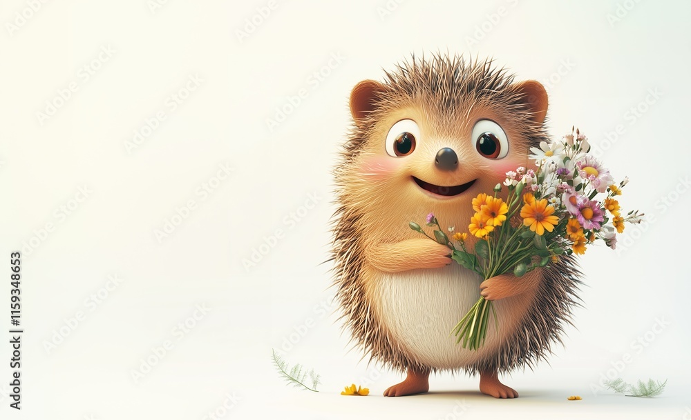 a cartoon of a cute chubby whimsical hedgehog holding a bouquet of flowers a cartoon of a cute chubby whimsical hedgehog holding a bouquet of flowers