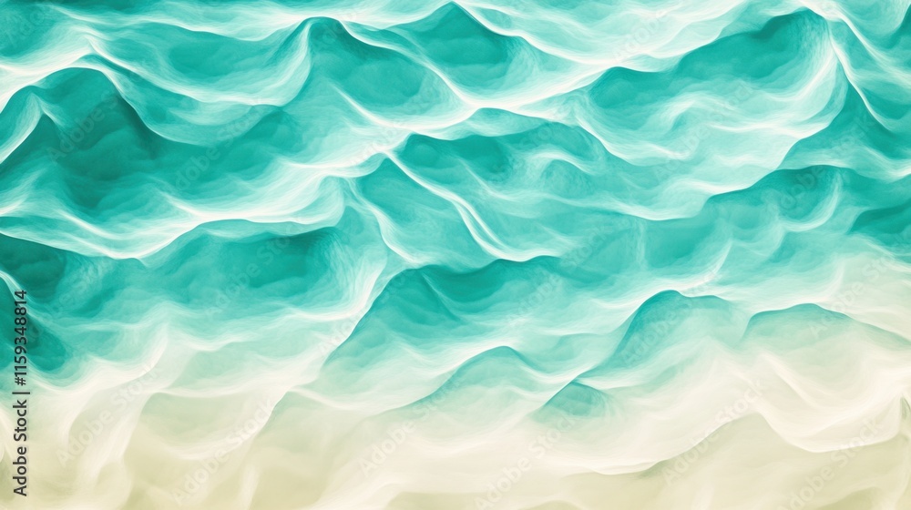 Obraz premium Soft turquoise waves ripple in a calm ocean, blending with sandy shores as sunlight casts a warm glow, creating a tranquil atmosphere during midday. Generative AI