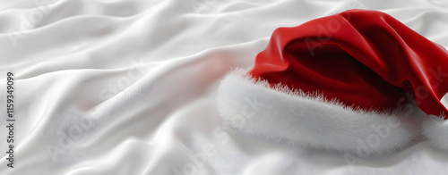 Classic Red Santa Hat on Silky White Fabric Background. AI generative.