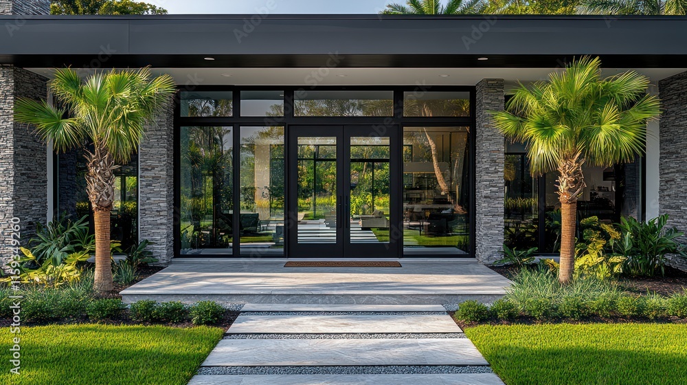 Fototapeta premium Modern home entrance with glass doors, stone facade, and palm trees.