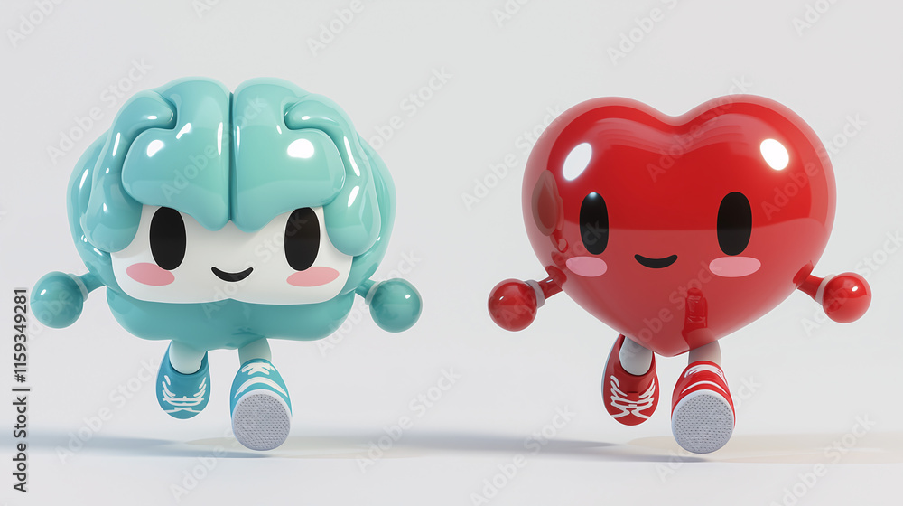 Obraz premium Joyful brain and heart characters running together studio setting 3d animation playful vibe