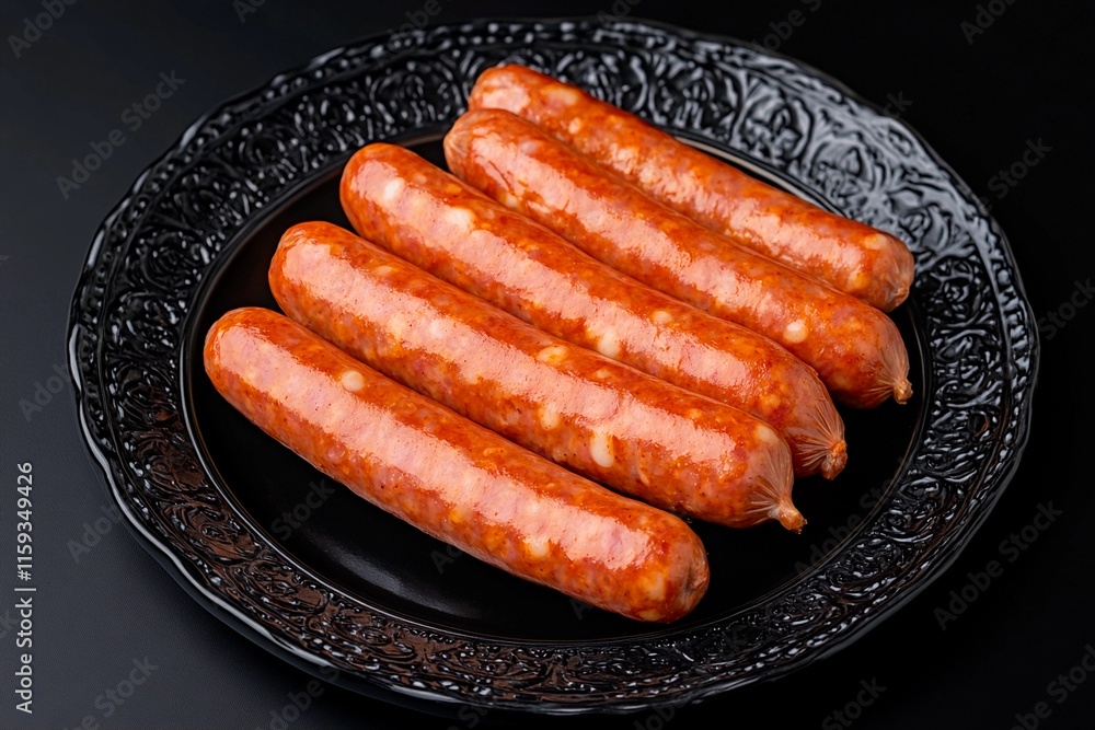 Savory array of vibrant sausages arranged elegantly on a dark decorative plate Savory array of vibrant sausages arranged elegantly on a dark decorative plate