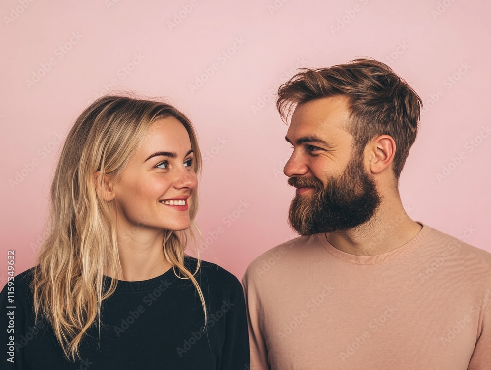 a couple looking at each other lovingly infront of a pink studio wall, blonde woman in a black pullover and a dark blonde bearded man in a pink pullover, smiling at each other being in love a couple looking at each other lovingly infront of a pink studio wall, blonde woman in a black pullover and a dark blonde bearded man in a pink pullover, smiling at each other being in love