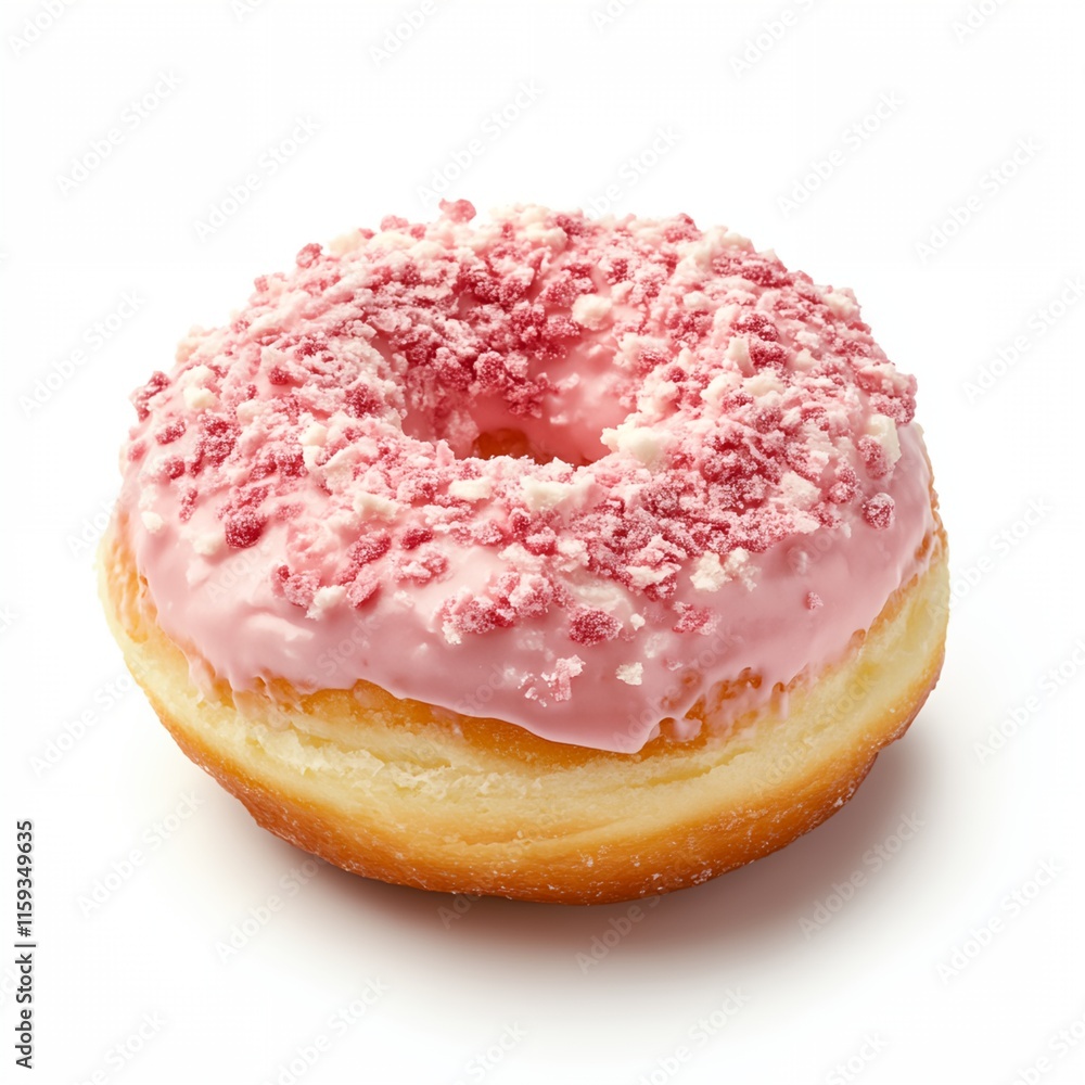 A pink frosted doughnut with sprinkles on top A pink frosted doughnut with sprinkles on top