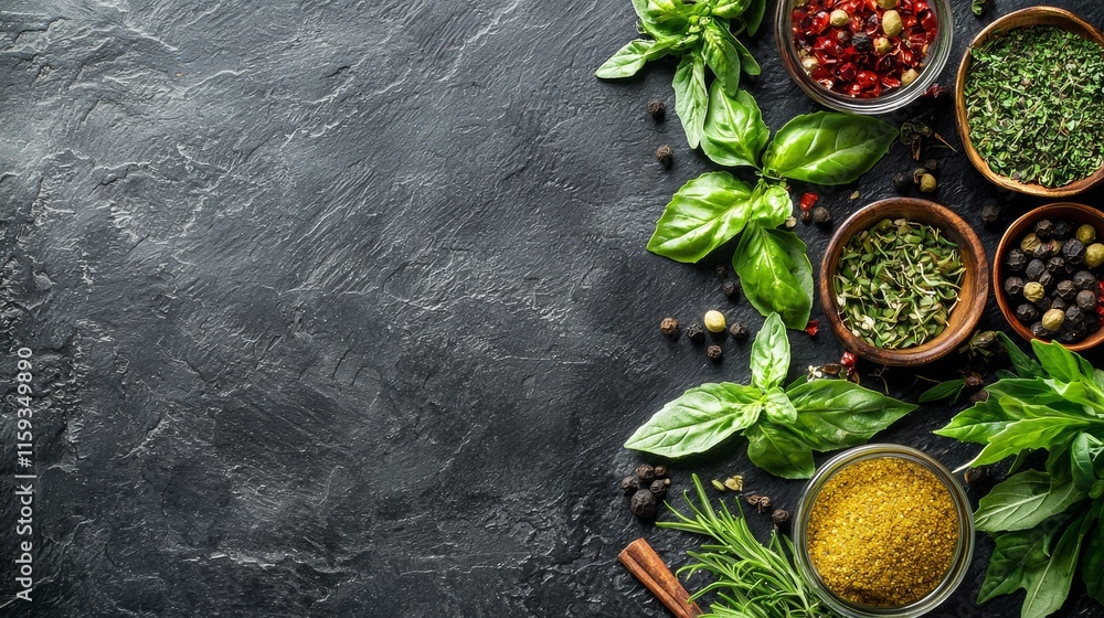 Fresh herbs and spices on a dark rustic surface Fresh herbs and spices on a dark rustic surface