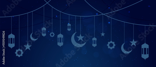 starry night sky background with islamic hanging decoration design vector
