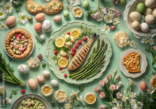 Colorful Easter Feast Display with Grilled Fish, Fresh Vegetables, and Decorative Eggs on a Light Green Background Surrounded by Flowers and Pastries