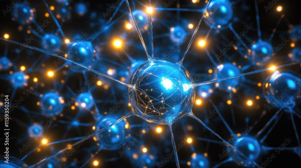 Fototapeta premium Futuristic Neural Network Concept with Glowing Blue Spheres and Interconnected Lines