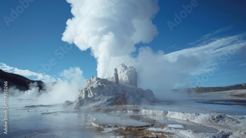 Geyser erupting, hot steam against bright sky.