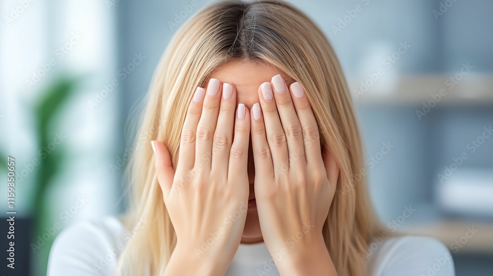 Woman with blonde hair is struggling from anxiety Woman with blonde hair is struggling from anxiety