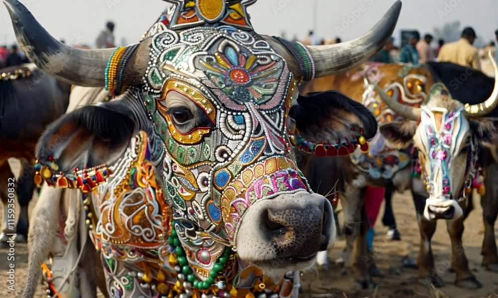 Decorated cow standing majestically with ornate traditional adornments, embodying cultural richness and sacred symbolism of rural Indian festive celebration
