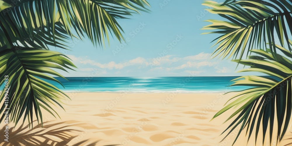 Fototapeta premium Palm leaves create a natural frame around a serene beach with golden sand and sparkling blue water under a clear sky, inviting relaxation and joy. Generative AI