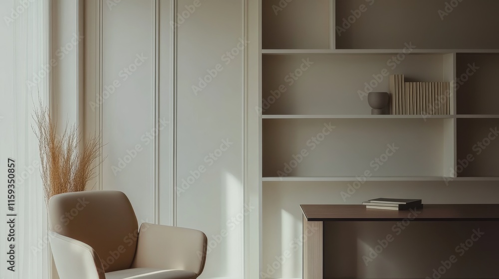 Fototapeta premium Elegant minimalist study area with minimal furnishings. Featuring a clean, open design with sleek lines