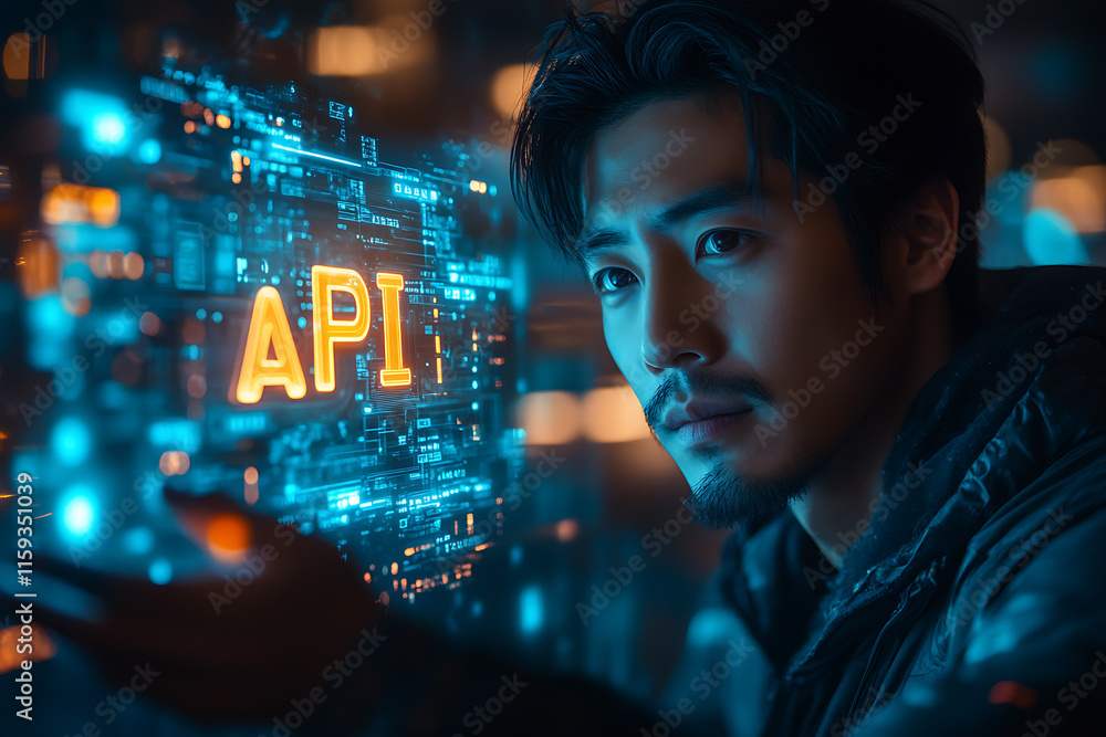 modern concept of API (Application Programming Interface) showing a person holding a glowing holographic API interface, symbolizing innovation, connectivity, and technology integration modern concept of API (Application Programming Interface) showing a person holding a glowing holographic API interface, symbolizing innovation, connectivity, and technology integration