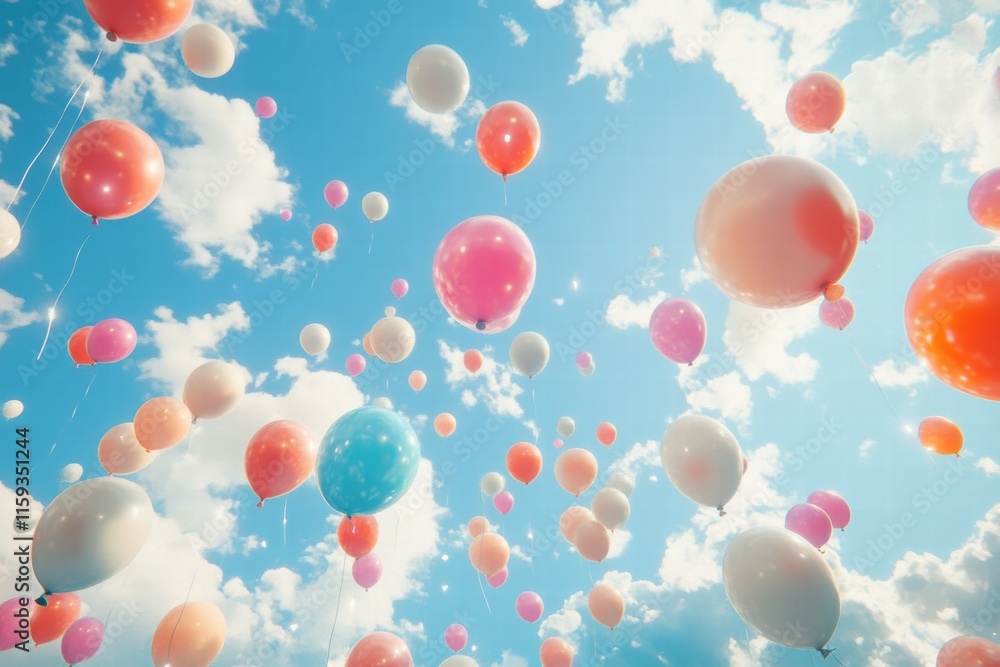 Colorful balloons drifting gracefully in a bright blue sky during a sunny day. Generative AI Colorful balloons drifting gracefully in a bright blue sky during a sunny day. Generative AI