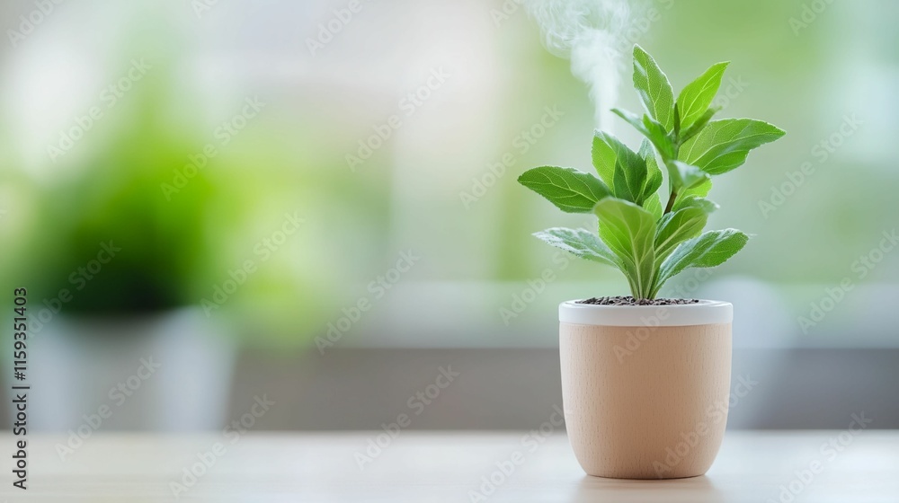Small plant is sitting in a brown pot on a table Small plant is sitting in a brown pot on a table