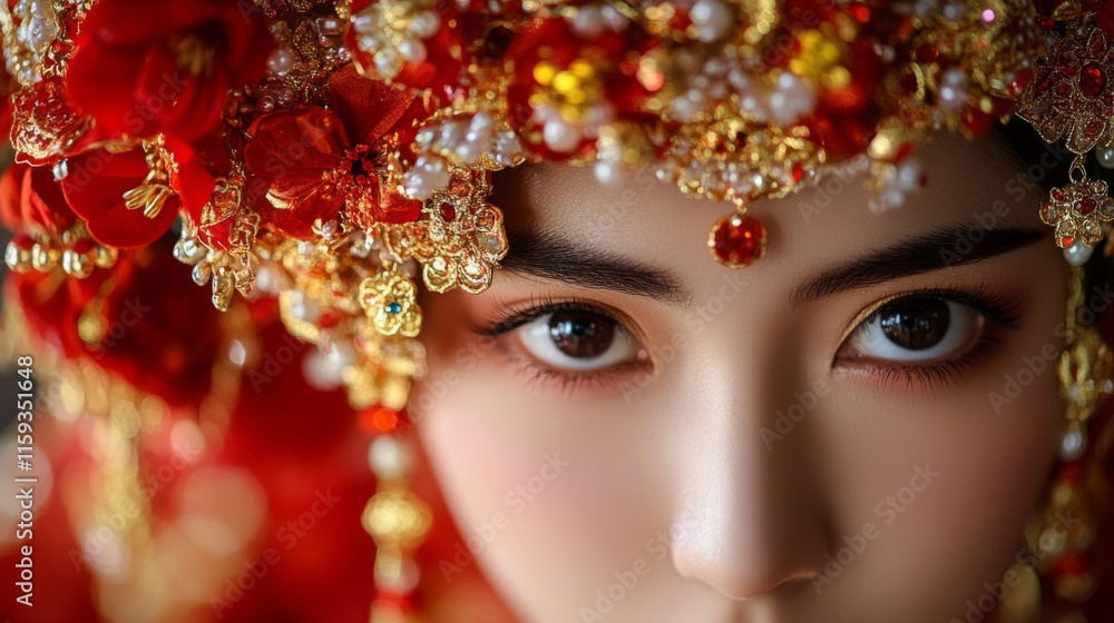 Woman Adorned In Red And Gold Traditional Headwear Woman Adorned In Red And Gold Traditional Headwear