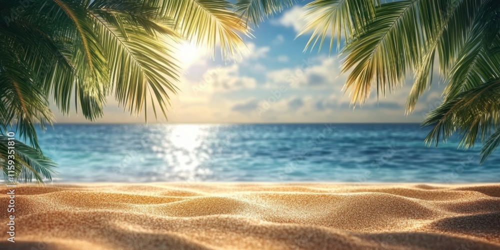 Obraz premium A tranquil beach scene showcases soft golden sands and gentle waves. Lush palm leaves frame the bright ocean under a colorful sky at dawn. Generative AI