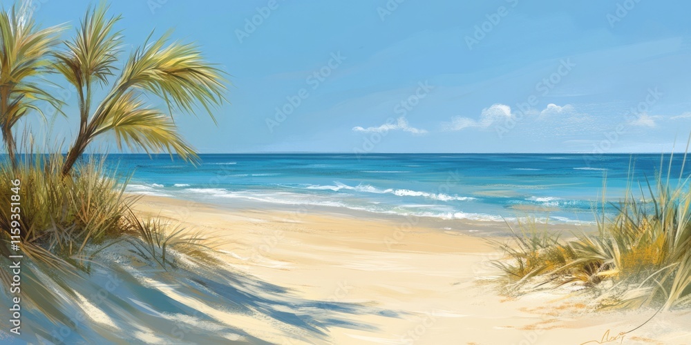 custom made wallpaper toronto digitalA serene beach features lush palm trees and soft sands as gentle waves lap the shore under a clear blue sky, creating a peaceful atmosphere. Generative AI