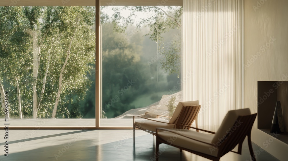 Fototapeta premium Elegant minimalist sunroom with minimal furnishings. Featuring a clean, open design with sleek lines