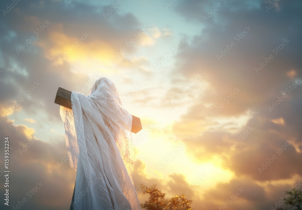 Ethereal Representation of a Ghostly Figure Draped in White Cloth Standing Before a Beautiful Sunset with Clouds and Soft Lighting Ethereal Representation of a Ghostly Figure Draped in White Cloth Standing Before a Beautiful Sunset with Clouds and Soft Lighting