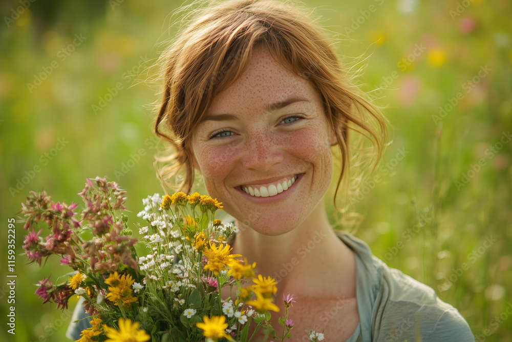 Nature Enthusiast Portrait of a smiling woman with freckles and messy hair, holding a bouquet of wildflowers in a sunlit meadow, her expression joyful and free, representing natural beauty Nature Enthusiast Portrait of a smiling woman with freckles and messy hair, holding a bouquet of wildflowers in a sunlit meadow, her expression joyful and free, representing natural beauty