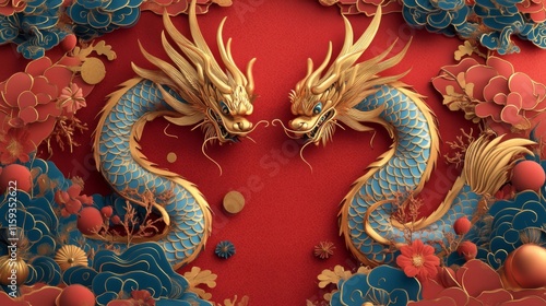 Wallpaper Mural Two Golden Dragons Facing Each Other Amidst Floral Decor Torontodigital.ca