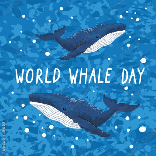 Vector Colorful Grating Card for World Whale Day With Illustration of Whales