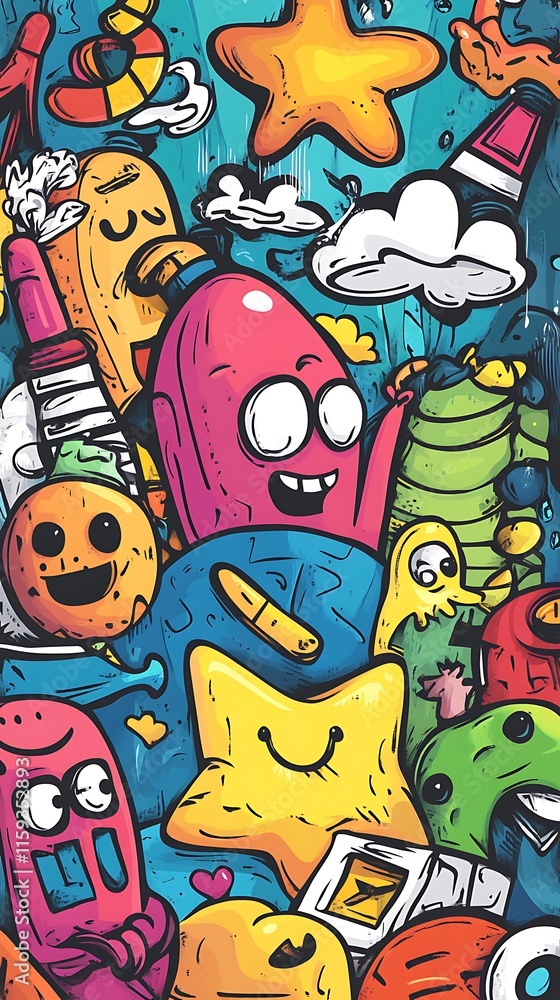 Obraz premium A colorful illustration featuring whimsical characters and playful objects in a vibrant scene.