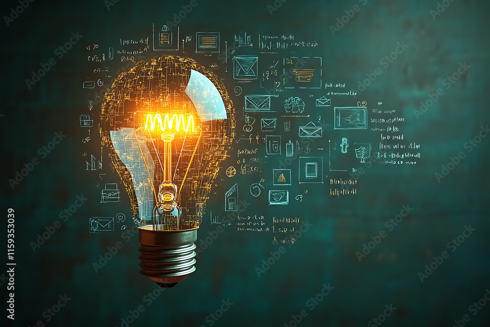 A glowing lightbulb intertwined with a graduation cap icon, surrounded by digital network lines and symbols, symbolizing innovative e-learning concepts