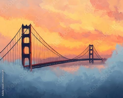 Acrylic cityscape of San Francisco, featuring the Golden Gate Bridge enveloped in ethereal morning fog