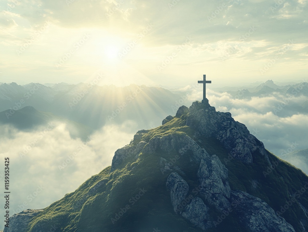Fototapeta premium Serene Mountain Landscape with Cross at Sunrise Surrounded by Clouds and Radiant Sunlight Illuminating the Scenic View of Nature's Beauty