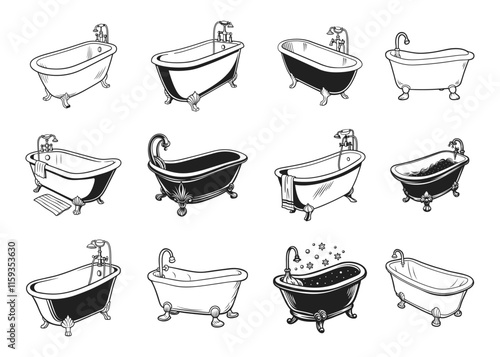Collection of vintage clawfoot bathtub vector illustrations in black and white, featuring various styles and decorative details, perfect for design and retro-themed projects.