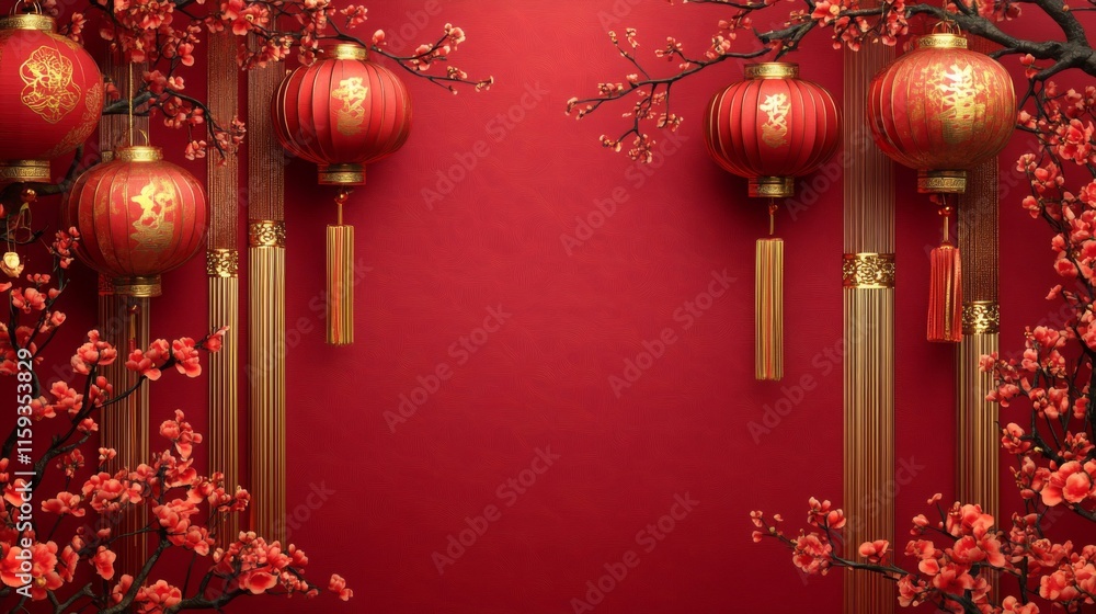 Festive Red Lanterns and Blossoms Celebrate Chinese New Year Festive Red Lanterns and Blossoms Celebrate Chinese New Year