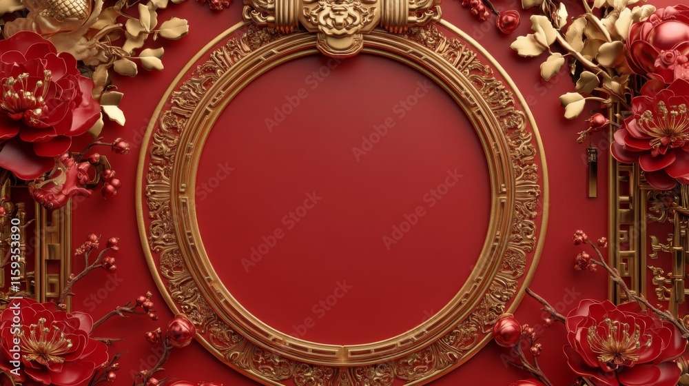 Ornate Gold Frame Encircles Red Background With Floral Accents Ornate Gold Frame Encircles Red Background With Floral Accents