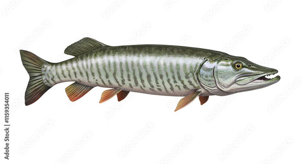 Fototapeta premium Muskellunge Fish, Swimming Water Animal, Swim Nature Wildlife Image, Isolated Transparent PNG
