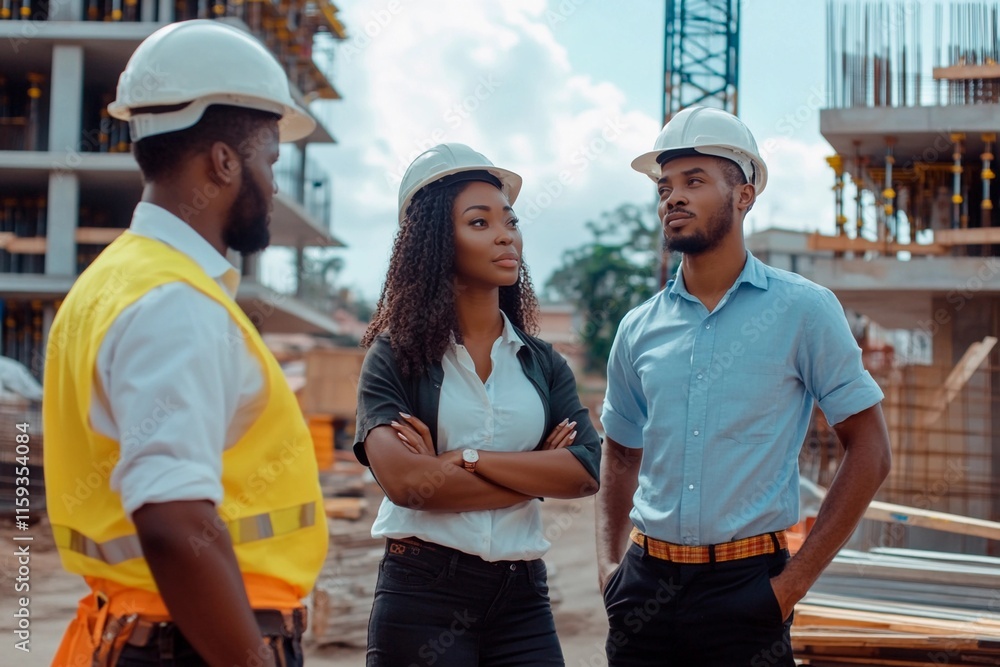 Engaging conversation among construction professionals at a bustling job site during daylight hours