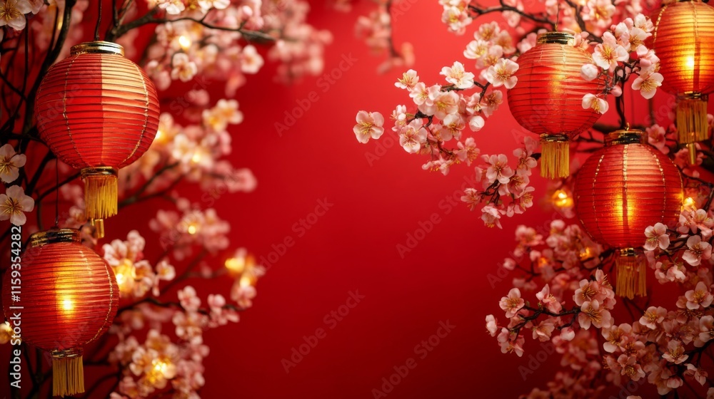 Red Lanterns and Cherry Blossoms Festive Decor Red Lanterns and Cherry Blossoms Festive Decor
