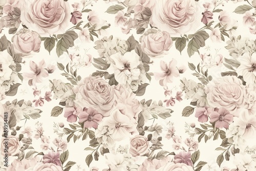 Wallpaper Mural A delicate floral pattern featuring soft pink roses and subtle greenery on a light background, perfect for elegant decor or textile designs. Torontodigital.ca