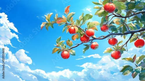 Apple tree branch with red apples hanging, orchard under blue sky generative ai
