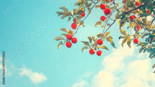 Apple tree branch with red apples hanging, orchard under blue sky generative ai