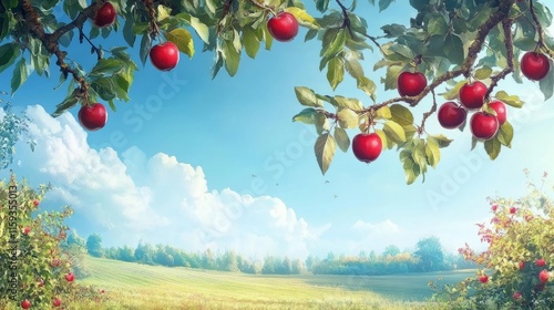 Apple tree branch with red apples hanging, orchard under blue sky generative ai